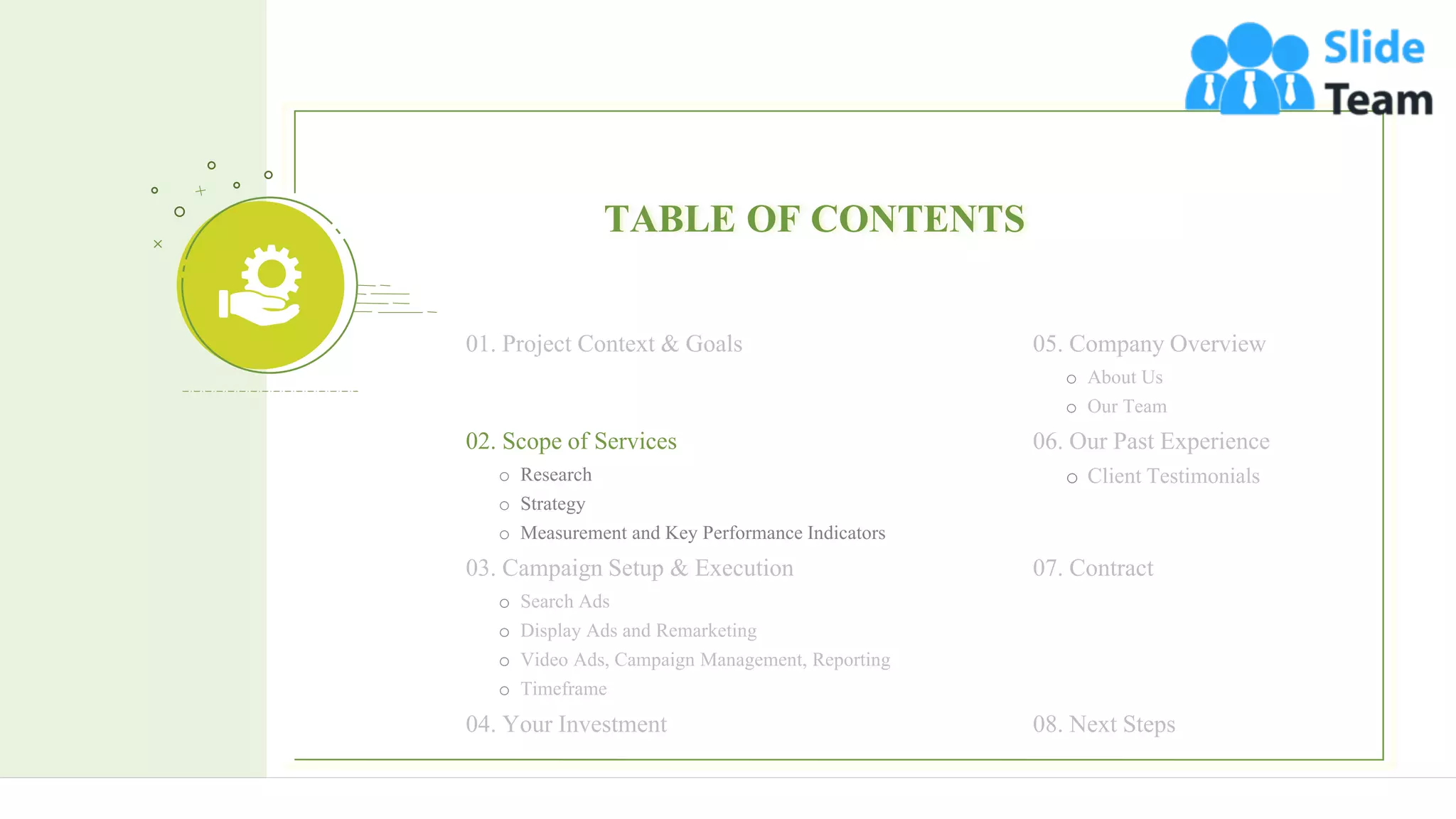 6
TABLE OF CONTENTS
05. Company Overview
o About Us
o Our Team
06. Our Past Experience
o Client Testimonials
07. Contract
08. Next Steps
01. Project Context & Goals
03. Campaign Setup & Execution
o Search Ads
o Display Ads and Remarketing
o Video Ads, Campaign Management, Reporting
o Timeframe
04. Your Investment
02. Scope of Services
o Research
o Strategy
o Measurement and Key Performance Indicators
 
