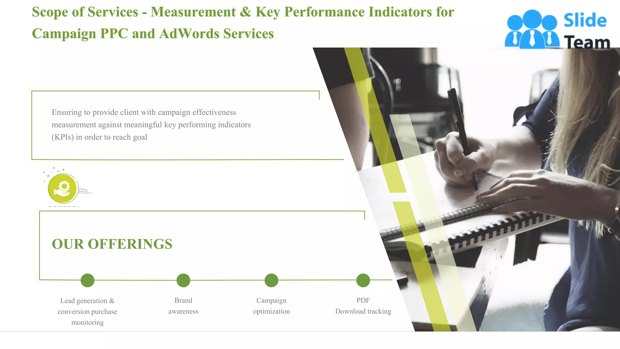 Ensuring to provide client with campaign effectiveness
measurement against meaningful key performing indicators
(KPIs) in order to reach goal
OUR OFFERINGS
Lead generation &
conversion purchase
monitoring
Brand
awareness
Campaign
optimization
PDF
Download tracking
Scope of Services - Measurement & Key Performance Indicators for
Campaign PPC and AdWords Services
9
 