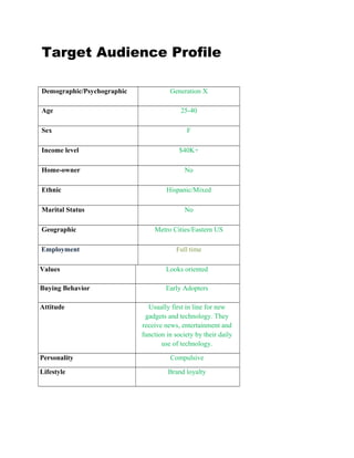 Target Audience Profile
Demographic/Psychographic Generation X
Age 25-40
Sex F
Income level $40K+
Home-owner No
Ethnic Hispanic/Mixed
Marital Status No
Geographic Metro Cities/Eastern US
Employment Full time
Values Looks oriented
Buying Behavior Early Adopters
Attitude Usually first in line for new
gadgets and technology. They
receive news, entertainment and
function in society by their daily
use of technology.
Personality Compulsive
Lifestyle Brand loyalty
 