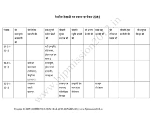 2012



                                      0                                     0




21-01-                                    (                )
2012                                               ,
                                  (
                                              )
22-01-                                                 ,
2012                              (
                   (         ),                   ),


                   (     )
23-01-                                                             (
2012                                                           )




         Powered By BJP COMMUNICATION CELL (UTTARAKHAND) | www.bjpmission2012.in
 