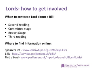 Lords: how to get involved
When to contact a Lord about a Bill:
•
•
•
•

Second reading
Committee stage
Report Stage
Third reading

Where to find information online:
Speakers list - www.lordswhips.org.uk/todays-lists
Bills - http://services.parliament.uk/bills/
Find a Lord - www.parliament.uk/mps-lords-and-offices/lords/

 