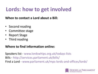 Lords: how to get involved
When to contact a Lord about a Bill:
• Second reading
• Committee stage
• Report Stage
• Third reading
Where to find information online:
Speakers list - www.lordswhips.org.uk/todays-lists
Bills - http://services.parliament.uk/bills/
Find a Lord - www.parliament.uk/mps-lords-and-offices/lords/
 