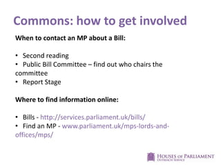 Commons: how to get involved
When to contact an MP about a Bill:
• Second reading
• Public Bill Committee – find out who chairs the
committee
• Report Stage
Where to find information online:
• Bills - http://services.parliament.uk/bills/
• Find an MP - www.parliament.uk/mps-lords-and-
offices/mps/
 