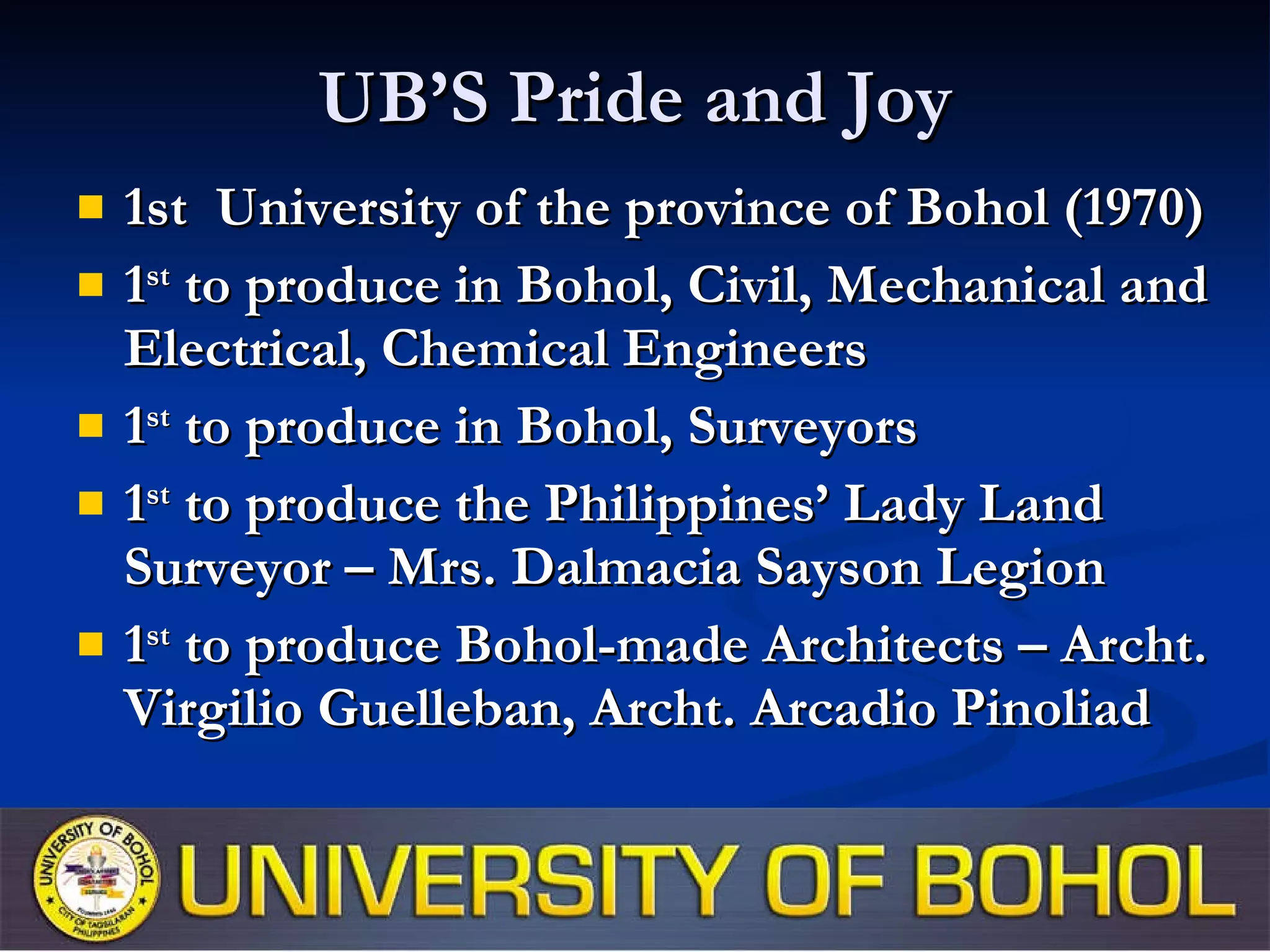 UB’S Pride and Joy 1st  University of the province of Bohol (1970) 1 st  to produce in Bohol, Civil, Mechanical and Electrical, Chemical Engineers 1 st  to produce in Bohol, Surveyors 1 st  to produce the Philippines’ Lady Land Surveyor – Mrs. Dalmacia Sayson Legion 1 st  to produce Bohol-made Architects – Archt. Virgilio Guelleban, Archt. Arcadio Pinoliad 