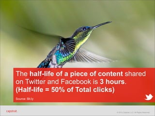 The half-life of a piece of content shared
on Twitter and Facebook is 3 hours.
(Half-life = 50% of Total clicks)
Source: Bit.ly

© 2013 Capstrat, LLC. All Rights Reserved.

 