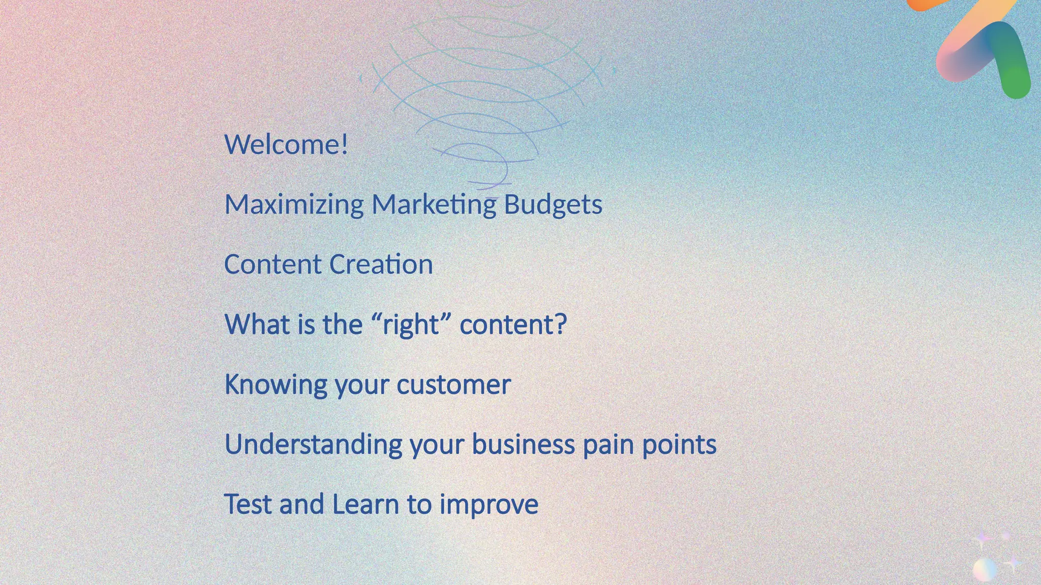 Welcome!
Content Creation
What is the “right” content?
Knowing your customer
Understanding your business pain points
Test and Learn to improve
Maximizing Marketing Budgets
 