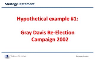 The Leadership Institute
Strategy Statement
Campaign Strategy
Hypothetical example #1:
Gray Davis Re-Election
Campaign 2002
 