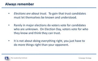 The Leadership Institute
Always remember
Campaign Strategy
• Elections are about trust. To gain that trust candidates
must let themselves be known and understood.
• Rarely in major elections do voters vote for candidates
who are unknown. On Election Day, voters vote for who
they know and think they can trust.
• It is not about doing everything right, you just have to
do more things right than your opponent.
 