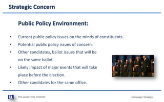 The Leadership Institute
Strategic Concern
Campaign Strategy
Public Policy Environment:
• Current public policy issues on the minds of constituents.
• Potential public policy issues of concern.
• Other candidates, ballot issues that will be
on the same ballot.
• Likely impact of major events that will take
place before the election.
• Other candidates for the same office.
 