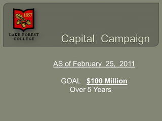 Capital  Campaign AS of February  25,  2011 GOAL   $100 Million  Over 5 Years 