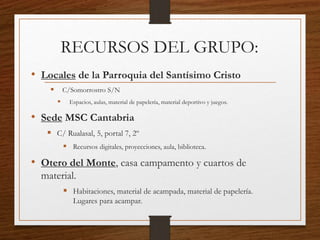 RECURSOS DEL GRUPO:
• Locales de la Parroquia del Santísimo Cristo
 C/Somorrostro S/N
 Espacios, aulas, material de papelería, material deportivo y juegos.
• Sede MSC Cantabria
 C/ Rualasal, 5, portal 7, 2º
 Recursos digitales, proyecciones, aula, biblioteca.
• Otero del Monte, casa campamento y cuartos de
material.
 Habitaciones, material de acampada, material de papelería.
Lugares para acampar.
 
