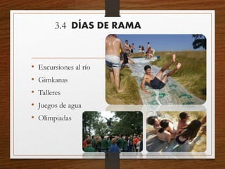 3.4 DÍAS DE RAMA
• Excursiones al río
• Gimkanas
• Talleres
• Juegos de agua
• Olimpiadas
 