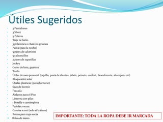 Útiles Sugeridos
• 3 Pantalones
• 3 Short
• 5 Poleras
• Traje de baño
• 3 polerones o chalecos gruesos
• Parca (para la noche)
• 5 pares de calcetines
• 5 calzoncillos
• 2 pares de zapatillas
• Jockey
• Gorro de lana, guantes
• Toalla
• Útiles de aseo personal (cepillo, pasta de dientes, jabón, peineta, confort, desodorante, shampoo, etc)
• Bloqueador solar
• Chalas plásticas (para ducharse)
• Saco de dormir
• Frazada
• Aislante para el Piso
• Linterna con pilas
• 1 Botella o cantimplora
• Pañoleta scout
• Camisa scout (solo si la tiene)
• Bolsas para ropa sucia
 Bolso de mano
IMPORTANTE: TODA LA ROPA DEBE IR MARCADA
 