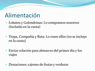 Alimentación
• Lobatos y Golondrinas: Lo compramos nosotros
(Incluido en la cuota)
• Tropa, Compañía y Ruta: Lo traen ellos (no se incluye
en la cuota)
• Enviar colación para almuerzo del primer día y los
viajes
• Donaciones: cajones de frutas y verduras
 