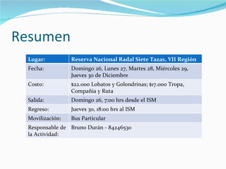 Resumen Lugar: Reserva Nacional Radal Siete Tazas, VII Región Fecha: Domingo 26, Lunes 27, Martes 28, Miércoles 29, Jueves 30 de Diciembre Costo: $22.000 Lobatos y Golondrinas; $17.000 Tropa, Compañía y Ruta Salida: Domingo 26, 7:00 hrs desde el ISM Regreso: Jueves 30, 18:00 hrs al ISM Movilización: Bus Particular Responsable de la Actividad: Bruno Durán - 84246530 