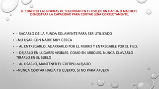 8. CONOCER LAS NORMAS DE SEGURIDAD EN EL USO DE UN HACHA O MACHETE.
DEMOSTRAR LA CAPACIDAD PARA CORTAR LEÑA CORRECTAMENTE.
• - SACARLO DE LA FUNDA SOLAMENTE PARA SER UTILIZADO
• -NO USAR CON NADIE MUY CERCA
• - AL ENTREGARLO, AGARRARLO POR EL FIERRO Y ENTREGARLE POR EL FILO.
• - DEJARLO EN LUGARES VISIBLES, COMO EN ÁRBOLES, NUNCA CLAVARLO
TIRARLO EN EL SUELO
• - AL USARLO, MANTENER EL CUERPO ALEJADO
• -NUNCA CORTAR HACIA TU CUERPO, SI NO PARA AFUERA
 