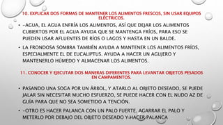 10. EXPLICAR DOS FORMAS DE MANTENER LOS ALIMENTOS FRESCOS, SIN USAR EQUIPOS
ELÉCTRICOS.
• -AGUA, EL AGUA ENFRÍA LOS ALIMENTOS, ASÍ QUE DEJAR LOS ALIMENTOS
CUBIERTOS POR EL AGUA AYUDA QUE SE MANTENGA FRÍOS, PARA ESO SE
PUEDEN USAR AFLUENTES DE RÍOS O LAGOS Y HASTA EN UN BALDE.
• LA FRONDOSA SOMBRA TAMBIÉN AYUDA A MANTENER LOS ALIMENTOS FRÍOS,
ESPECIALMENTE EL DE EUCALIPTUS. AYUDA A HACER UN AGUJERO Y
MANTENERLO HÚMEDO Y ALMACENAR LOS ALIMENTOS.
11. CONOCER Y EJECUTAR DOS MANERAS DIFERENTES PARA LEVANTAR OBJETOS PESADOS
EN CAMPAMENTOS.
• PASANDO UNA SOGA POR UN ÁRBOL, Y ATARLO AL OBJETO DESEADO, SE PUEDE
JALAR SIN NECESITAR MUCHO ESFUERZO, SE PUEDE HACER CON EL NUDO AZ DE
GUÍA PARA QUE NO SEA SOMETIDO A TENCIÓN.
• -OTRO ES HACER PALANCA CON UN PALO FUERTE. AGARRAR EL PALO Y
METERLO POR DEBAJO DEL OBJETO DESEADO Y HACER PALANCA
 