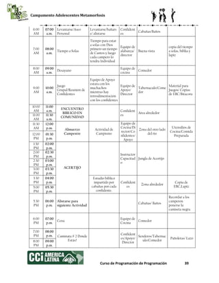 Campamento Adolescentes Metamorfosis
Curso de Programación de Programación 39
6:00
AM
07:00
a.m.
Levantarse/Aseo
Personal
Levantarse/bañars
e/ alistarse
Confident
es
Cabañas/Baños
7:00
AM
08:00
a.m.
Tiempo a Solas
Tiempo para estar
a solas con Dios
primero un tiempo
de Cantos y luego
cada campero lo
tendra Individual
Equipo de
alabanza/
director
Buena vista
copia del tiempo
a solas, biblia y
lapiz
8:00
AM
09:00
a.m.
Desayuno
Equipo de
cocina
Comedor
9:00
AM
10:00
a.m.
Juego
Grupal/Reunion de
Confidentes
Equipo de Apoyo
estara con los
muchachos
mientras hay
retroalimentacion
con los confidentes
Equipo de
Apoyo/
Director
Tabernaculo/Come
dor
Material para
Juegos/ Copias
de EBC/Bitacora
10:00
AM
11:00
a.m.
ENCUENTRO
BIBLICO EN
COMUNIDAD
Confident
es
Area alrededor
11:00
AM
11:30
a.m.
11:30
AM
12:00
p.m. Almuerzo
Campestre
Actividad de
Campismo
Equipo de
Cocina/Di
rector/Co
nfidentes/
Apoyo
Zona del otro lado
del rio
Utensilios de
Cocina/Comida
Preparada12:00
PM
01:30
p.m.
1:30
PM
02:00
p.m.
ACERTIJO
Instructor
Capacitad
o
Jungla de Acertijo
2:00
PM
02:30
p.m.
2:30
PM
03:00
p.m.
3:00
PM
03:30
p.m.
3:30
PM
04:00
p.m.
Estudio biblico
impartido por
cabañas por cada
confidente.
Confident
es
Zona alrededor
Copia de
EBC,Lapiz5:00
PM
05:30
p.m.
5:30
PM
06:00
p.m.
Alistarse para
siguiente Actividad
Cabañas/ Baños
Recordar a los
camperon
ponerse la
camiseta negra.
6:00
PM
07:00
p.m.
Cena
Equipo de
Cocina
Comedor
7:00
PM
08:00
p.m. Caminata # 2 Donde
Estás?
Confident
es/Apoyo/
Director
Senderos/Tabernac
ulo/Comedor
Pañoletas/ Lazo
8:00
PM
09:00
p.m.
 