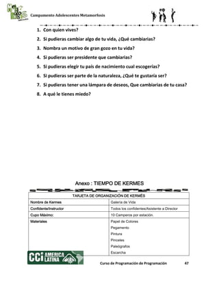 Campamento Adolescentes Metamorfosis
Curso de Programación de Programación 47
1. Con quien vives?
2. Si pudieras cambiar algo de tu vida, ¿Qué cambiarias?
3. Nombra un motivo de gran gozo en tu vida?
4. Si pudieras ser presidente que cambiarias?
5. Si pudieras elegir tu país de nacimiento cual escogerías?
6. Si pudieras ser parte de la naturaleza, ¿Qué te gustaría ser?
7. Si pudieras tener una lámpara de deseos, Que cambiarias de tu casa?
8. A qué le tienes miedo?
Anexo : TIEMPO DE KERMES
TARJETA DE ORGANIZACIÓN DE KERMÉS
Nombre de Kermes Galería de Vida
Confidente/Instructor Todos los confidentes/Asistente a Director
Cupo Máximo: 10 Camperos por estación.
Materiales Papel de Colores
Pegamento
Pintura
Pinceles
Paleógrafos
Escarcha
 