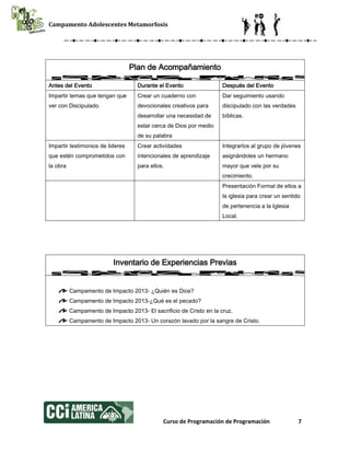 Campamento Adolescentes Metamorfosis
Curso de Programación de Programación 7
Plan de Acompañamiento
Antes del Evento Durante el Evento Después del Evento
Impartir temas que tengan que
ver con Discipulado.
Crear un cuaderno con
devocionales creativos para
desarrollar una necesidad de
estar cerca de Dios por medio
de su palabra
Dar seguimiento usando
discipulado con las verdades
bíblicas.
Impartir testimonios de lideres
que estén comprometidos con
la obra
Crear actividades
intencionales de aprendizaje
para ellos.
Integrarlos al grupo de jóvenes
asignándoles un hermano
mayor que vele por su
crecimiento.
Presentación Formal de ellos a
la iglesia para crear un sentido
de pertenencia a la Iglesia
Local.
Inventario de Experiencias Previas
Campamento de Impacto 2013- ¿Quién es Dios?
Campamento de Impacto 2013-¿Qué es el pecado?
Campamento de Impacto 2013- El sacrificio de Cristo en la cruz.
Campamento de Impacto 2013- Un corazón lavado por la sangre de Cristo.
 