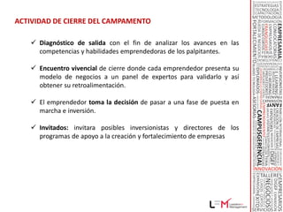 CAMPAMENTOS DE EMPRENDIMIENTO ®

 El Campamento de Emprendimiento® es una Marca registrada por LFM

 LFM es una empresa que desde hace 6 años ha apoyado a cientos de
 empresarios con soluciones para crear y fortalecer sus empresas por medio de
 tres líneas de negocios:

     1. La comercialización de productos, servicios y contenidos especializados
        para la creación y el fortalecimiento empresarial, tanto propios como
        de terceros.
     2. El soporte para el desarrollo del sistema de franquicias.
     3. La operación de programas de creación y fortalecimiento de empresas
        patrocinados por entidades gubernamentales y empresas privadas.
 