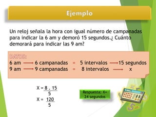 Ejemplo 
Un reloj señala la hora con igual número de campanadas 
para indicar la 6 am y demoró 15 segundos.¿ Cuánto 
demorará para indicar las 9 am? 
6 am 6 campanadas = 5 intervalos 15 segundos 
9 am 9 campanadas = 8 intervalos x 
X = 8 . 15 
5 
X = 120 
5 
Respuesta: X= 
24 segundos 
 