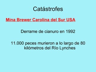 Catástrofes
Mina Brewer Carolina del Sur USA

       Derrame de cianuro en 1992

  11.000 peces murieron a lo largo de 80
        kilómetros del Río Lynches
 