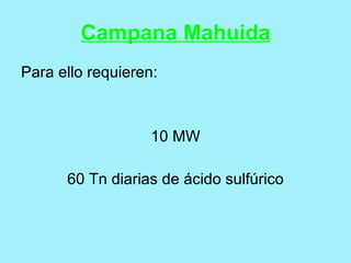 Campana Mahuida
Para ello requieren:



                   10 MW

      60 Tn diarias de ácido sulfúrico
 