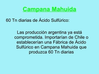 Campana Mahuida
60 Tn diarias de Ácido Sulfúrico:

     Las producción argentina ya está
    comprometida. Importarían de Chile o
     establecerían una Fábrica de Ácido
     Sulfúrico en Campana Mahuida que
            produzca 60 Tn diarias
 