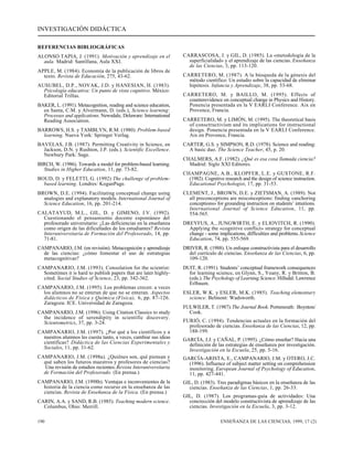 INVESTIGACIÓN DIDÁCTICA 
REFERENCIAS BIBLIOGRÁFICAS 
ALONSO TAPIA, J. (1991). Motivación y aprendizaje en el 
aula. Madrid: Santillana, Aula XXI. 
APPLE, M. (1984). Economía de la publicación de libros de 
texto. Revista de Educación, 275, 43-62. 
AUSUBEL, D.P., NOVAK, J.D. y HANESIAN, H. (1983). 
Psicología educativa: Un punto de vista cognitivo. México: 
Editorial Trillas. 
BAKER, L. (1991). Metacognition, reading and science education, 
en Santa, C.M. y Alvermann, D. (eds.), Science learning: 
Processes and applications. Newsdale, Delaware: International 
Reading Association. 
BARROWS, H.S. y TAMBLYN, R.M. (1980). Problem-based 
learning. Nueva York: Springer Verlag. 
BAVELAS, J.B. (1987). Permitting Creativity in Science, en 
Jackson, D.N. y Rushton, J.P. (eds.). Scientific Excellence. 
Newbury Park: Sage. 
BIRCH, W. (1986). Towards a model for problem-based learning. 
Studies in Higher Education, 11, pp. 73-82. 
BOUD, D. y FELETTI, G. (1992) The challenge of problem-based 
learning. Londres: KoganPage. 
BROWN, D.E. (1994). Facilitating conceptual change using 
analogies and explanatory models. International Journal of 
Science Education, 16, pp. 201-214. 
CALATAYUD, M.L., GIL, D. y GIMENO, J.V. (1992). 
Cuestionando el pensamiento docente espontáneo del 
profesorado universitario: ¿Las deficiencias en la enseñanza 
como origen de las dificultades de los estudiantes? Revista 
Interuniversitaria de Formación del Profesorado, 14, pp. 
71-81. 
CAMPANARIO, J.M. (en revisión). Metacognición y aprendizaje 
de las ciencias: ¿cómo fomentar el uso de estrategias 
metacognitivas? 
CAMPANARIO, J.M. (1993). Consolation for the scientist: 
Sometimes it is hard to publish papers that are later highly-cited. 
Social Studies of Science, 23, pp. 342-362. 
CAMPANARIO, J.M. (1995). Los problemas crecen: a veces 
los alumnos no se enteran de que no se enteran. Aspectos 
didácticos de Física y Química (Física), 6, pp. 87-126. 
Zaragoza: ICE. Universidad de Zaragoza. 
CAMPANARIO, J.M. (1996). Using Citation Classics to study 
the incidence of serendipity in scientific discovery. 
Scientometrics, 37, pp. 3-24. 
CAMPANARIO, J.M. (1997). ¿Por qué a los científicos y a 
nuestros alumnos les cuesta tanto, a veces, cambiar sus ideas 
científicas? Didáctica de las Ciencias Experimentales y 
Sociales, 11, pp. 31-62. 
CAMPANARIO, J.M. (1998a). ¿Quiénes son, qué piensan y 
qué saben los futuros maestros y profesores de ciencias? 
Una revisión de estudios recientes. Revista Interuniversitaria 
de Formación del Profesorado. (En prensa.) 
CAMPANARIO, J.M. (1998b). Ventajas e inconvenientes de la 
historia de la ciencia como recurso en la enseñanza de las 
ciencias. Revista de Enseñanza de la Física. (En prensa.) 
CARIN, A.A. y SAND, R.B. (1985). Teaching modern science. 
Columbus, Ohio: Merrill. 
CARRASCOSA, J. y GIL, D. (1985). La «metodología de la 
superficialidad» y el aprendizaje de las ciencias. Enseñanza 
de las Ciencias, 3, pp. 113-120. 
CARRETERO, M. (1987). A la búsqueda de la génesis del 
método científico: Un estudio sobre la capacidad de eliminar 
hipótesis. Infancia y Aprendizaje, 38, pp. 53-68. 
CARRETERO, M. y BAILLO, M. (1995). Effects of 
counterevidence on conceptual change in Physics and History. 
Ponencia presentada en la V EARLI Conference. Aix en 
Provence, Francia. 
CARRETERO, M. y LIMÓN, M. (1995). The theoretical basis 
of consctructivism and its implications for instructional 
design. Ponencia presentada en la V EARLI Conference. 
Aix en Provence, Francia. 
CARTER, G.S. y SIMPSON, R.D. (1978). Science and reading: 
A basic duo. The Science Teacher, 45, p. 20. 
CHALMERS, A.F. (1982). ¿Qué es esa cosa llamada ciencia? 
Madrid: Siglo XXI Editores. 
CHAMPAGNE, A.B., KLOPFER, L.E. y GUSTONE, R.F. 
(1982). Cognitive research and the design of science instruction. 
Educational Psychologist, 17, pp. 31-53. 
CLEMENT, J., BROWN, D.E. y ZIETSMAN, A. (1989). Not 
all preconceptions are misconceptions: finding «anchoring 
conceptions» for grounding instruction on students’ intuitions. 
International Journal of Science Education, 11, pp. 
554-565. 
DREYFUS, A., JUNGWIRTH, E. y ELIOVITCH, R. (1990). 
Applying the «cognitive conflict» strategy for conceptual 
change - some implications, difficulties and problems. Science 
Education, 74, pp. 555-569. 
DRIVER, R. (1988). Un enfoque constructivista para el desarrollo 
del currículo de ciencias. Enseñanza de las Ciencias, 6, pp. 
109-120. 
DUIT, R. (1991). Students’ conceptual framework consequences 
for learning science, en Glynn, S., Yeany, R. y Britton, B. 
(eds.). The Psychology of Learning Science. Hillsdal: Lawrence 
Erlbaum. 
ESLER, W.K. y ESLER, M.K. (1985). Teaching elementary 
science. Belmont: Wadsworth. 
FULWILER, T. (1987). The Journal Book. Portsmouth: Boynton/ 
Cook. 
FURIÓ, C. (1994). Tendencias actuales en la formación del 
profesorado de ciencias. Enseñanza de las Ciencias, 12, pp. 
188-199. 
GARCÍA, J.J. y CAÑAL, P. (1995). ¿Cómo enseñar? Hacia una 
definición de las estrategias de enseñanza por investigación. 
Investigación en la Escuela, 25, pp. 5-16. 
GARCÍA-ARISTA, E., CAMPANARIO, J.M. y OTERO, J.C. 
(1996). Influence of subject matter setting on comprehension 
monitoring. European Journal of Psychology of Education, 
11, pp. 427-441. 
GIL, D. (1983). Tres paradigmas básicos en la enseñanza de las 
ciencias. Enseñanza de las Ciencias, 1, pp. 26-33. 
GIL, D. (1987). Los programas-guía de actividades: Una 
concrección del modelo constructivista de aprendizaje de las 
ciencias. Investigación en la Escuela, 3, pp. 3-12. 
190 ENSEÑANZA DE LAS CIENCIAS, 1999, 17 (2) 
 