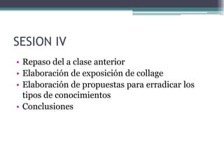 SESION IV
• Repaso del a clase anterior
• Elaboración de exposición de collage
• Elaboración de propuestas para erradicar los
tipos de conocimientos
• Conclusiones
 