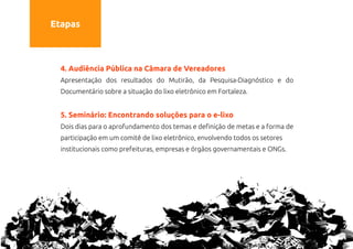 Etapas



  4. Audiência Pública na Câmara de Vereadores
  Apresentação dos resultados do Mutirão, da Pesquisa-Diagnóstico e do
  Documentário sobre a situação do lixo eletrônico em Fortaleza.


  5. Seminário: Encontrando soluções para o e-lixo
  Dois dias para o aprofundamento dos temas e definição de metas e a forma de
  participação em um comitê de lixo eletrônico, envolvendo todos os setores
  institucionais como prefeituras, empresas e órgãos governamentais e ONGs.
 