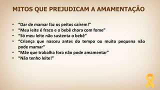 MITOS QUE PREJUDICAM A AMAMENTAÇÃO
• “Dar de mamar faz os peitos caírem!”
• “Meu leite é fraco e o bebê chora com fome”
• “Só meu leite não sustenta o bebê”
• “Criança que nasceu antes do tempo ou muito pequena não
pode mamar”
• “Mãe que trabalha fora não pode amamentar”
• “Não tenho leite!”
 