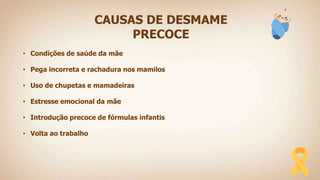 CAUSAS DE DESMAME
PRECOCE
• Condições de saúde da mãe
• Pega incorreta e rachadura nos mamilos
• Uso de chupetas e mamadeiras
• Estresse emocional da mãe
• Introdução precoce de fórmulas infantis
• Volta ao trabalho
 