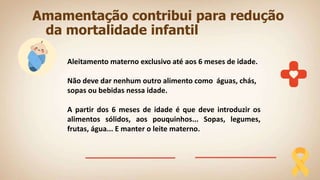 Amamentação contribui para redução
da mortalidade infantil
Aleitamento materno exclusivo até aos 6 meses de idade.
Não deve dar nenhum outro alimento como águas, chás,
sopas ou bebidas nessa idade.
A partir dos 6 meses de idade é que deve introduzir os
alimentos sólidos, aos pouquinhos... Sopas, legumes,
frutas, água... E manter o leite materno.
 