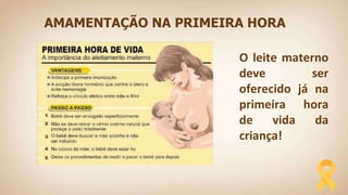 O leite materno
deve ser
oferecido já na
primeira hora
de vida da
criança!
AMAMENTAÇÃO NA PRIMEIRA HORA
 