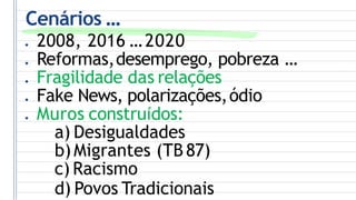 Cenários ...
● 2008, 2016 ...2020
● Reformas,desemprego, pobreza ...
● Fragilidade das relações
● Fake News, polarizações,ódio
● Muros construídos:
a) Desigualdades
b)Migrantes (TB 87)
c) Racismo
d) Povos Tradicionais
 