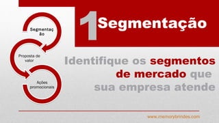 Identifique os segmentos
de mercado que
sua empresa atende
Segmentação
1Segmentação
Proposta de
valor
Ações
promocionais
www.memorybrindes.com
 