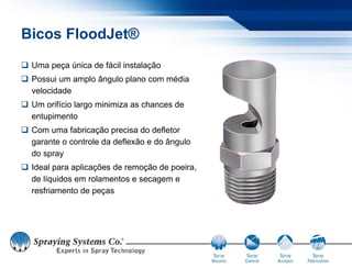 Bicos FloodJet®
 Uma peça única de fácil instalação
 Possui um amplo ângulo plano com média
  velocidade
 Um orifício largo minimiza as chances de
  entupimento
 Com uma fabricação precisa do defletor
  garante o controle da deflexão e do ângulo
  do spray
 Ideal para aplicações de remoção de poeira,
  de líquidos em rolamentos e secagem e
  resfriamento de peças
 