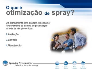 O que é
otimização de spray?
Um planejamento para alcançar eficiência no
funcionamento do sistema de pulverização
através de três pontos foco:

2.Avaliação

3.Controle

4.Manutenção
 