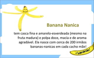 tem casca fina e amarelo-esverdeada (mesmo na fruta madura) e polpa doce, macia e de aroma agradável. Ela nasce com cerca de 200 irmãos bananas-nanicas em cada cacho mãe! Banana Nanica 