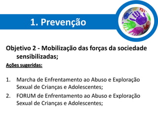 1. Prevenção

Objetivo 2 - Mobilização das forças da sociedade
   sensibilizadas;
Ações sugeridas:

1. Marcha de Enfrentamento ao Abuso e Exploração
   Sexual de Crianças e Adolescentes;
2. FORUM de Enfrentamento ao Abuso e Exploração
   Sexual de Crianças e Adolescentes;
 