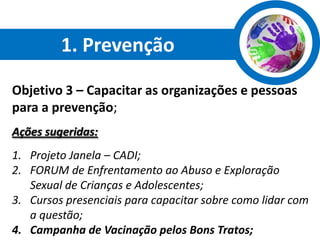 1. Prevenção

Objetivo 3 – Capacitar as organizações e pessoas
para a prevenção;
Ações sugeridas:
1. Projeto Janela – CADI;
2. FORUM de Enfrentamento ao Abuso e Exploração
   Sexual de Crianças e Adolescentes;
3. Cursos presenciais para capacitar sobre como lidar com
   a questão;
4. Campanha de Vacinação pelos Bons Tratos;
 