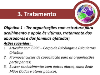 3. Tratamento
Objetivo 1 - Ter organizações com estrutura para
acolhimento e apoio às vítimas, tratamento dos
abusadores e das famílias afetadas;
Ações sugeridas:
1. Articular com CPPC – Corpo de Psicólogos e Psiquiatras
   Cristãos;
2. Promover cursos de capacitação para as organizações
   participantes;
3. Buscar conhecimentos com outros atores, como Rede
   Mãos Dadas e atores públicos;
 