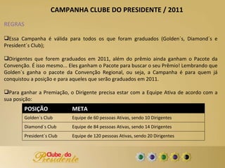 REGRAS Essa Campanha é válida para todos os que foram graduados (Golden´s, Diamond´s e President´s Club); Dirigentes que forem graduados em 2011, além do prêmio ainda ganham o Pacote da Convenção. É isso mesmo... Eles ganham o Pacote para buscar o seu Prêmio! Lembrando que Golden´s ganha o pacote da Convenção Regional, ou seja, a Campanha é para quem já conquistou a posição e para aqueles que serão graduados em 2011. Para ganhar a Premiação, o Dirigente precisa estar com a Equipe Ativa de acordo com a sua posição: CAMPANHA CLUBE DO PRESIDENTE / 2011 POSIÇÃO META Golden´s Club  Equipe de 60 pessoas Ativas, sendo 10 Dirigentes Diamond´s Club  Equipe de 84 pessoas Ativas, sendo 14 Dirigentes President´s Club  Equipe de 120 pessoas Ativas, sendo 20 Dirigentes 