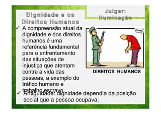 A compreensão atual da
dignidade e dos direitos
humanos é uma
referência fundamental
para o enfrentamento
das situações de
injustiça que atentam
DIREITOS HUMANOS
contra a vida das
pessoas, a exemplo do
tráfico humano e
trabalho escravo.
Antiguidade: dignidade dependia da posição
social que a pessoa ocupava;

 