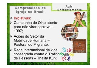 Iniciativas:
Campanha de Olho aberto
para não virar escravo –
1997;
Ações do Setor da
Mobilidade Humana –
Pastoral do Migrante;
Rede Internacional da vida
consagrada contra o Tráfico
de Pessoas – Thalita Kun;
Rede Um Grito pela Vida;

 