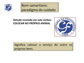 Atitude revelada em sete verbos: COLOCAR NO PRÓPRIO ANIMAL Bom samaritano: paradigma do cuidado Significa colocar a serviço do outro os próprios bens. 