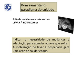 Atitude revelada em sete verbos: LEVAR À HOSPEDARIA Bom samaritano: paradigma do cuidado Indica  a necessidade de mudanças e adaptação para atender aquele que sofre.  A mobilização de levar à hospedaria gera uma rede de solidariedade. 