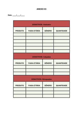 ANEXO 03


Data: ____/____/____




                          DONATIVOS- Vestuário


        PRODUTO        FAIXA ETÁRIA    GÊNERO     QUANTIDADE




                           DONATIVOS- Calçados


        PRODUTO        FAIXA ETÁRIA    GÊNERO     QUANTIDADE




                          DONATIVOS- Brinquedos


        PRODUTO        FAIXA ETÁRIA    GÊNERO     QUANTIDADE
 